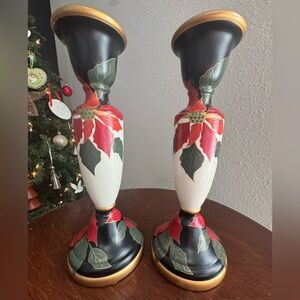 Vintage Hand-painted Poinsettia Candle Holders